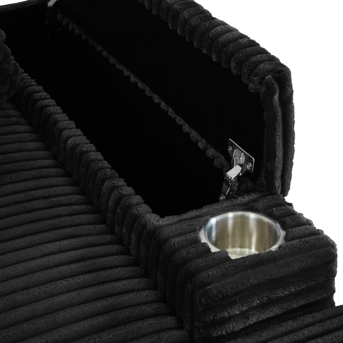 Divano letto singolo in velluto a coste nero 42.52 con seduta profonda, poggiapiedi rimovibile, bracciolo contenitore e 2 cuscini decorativi