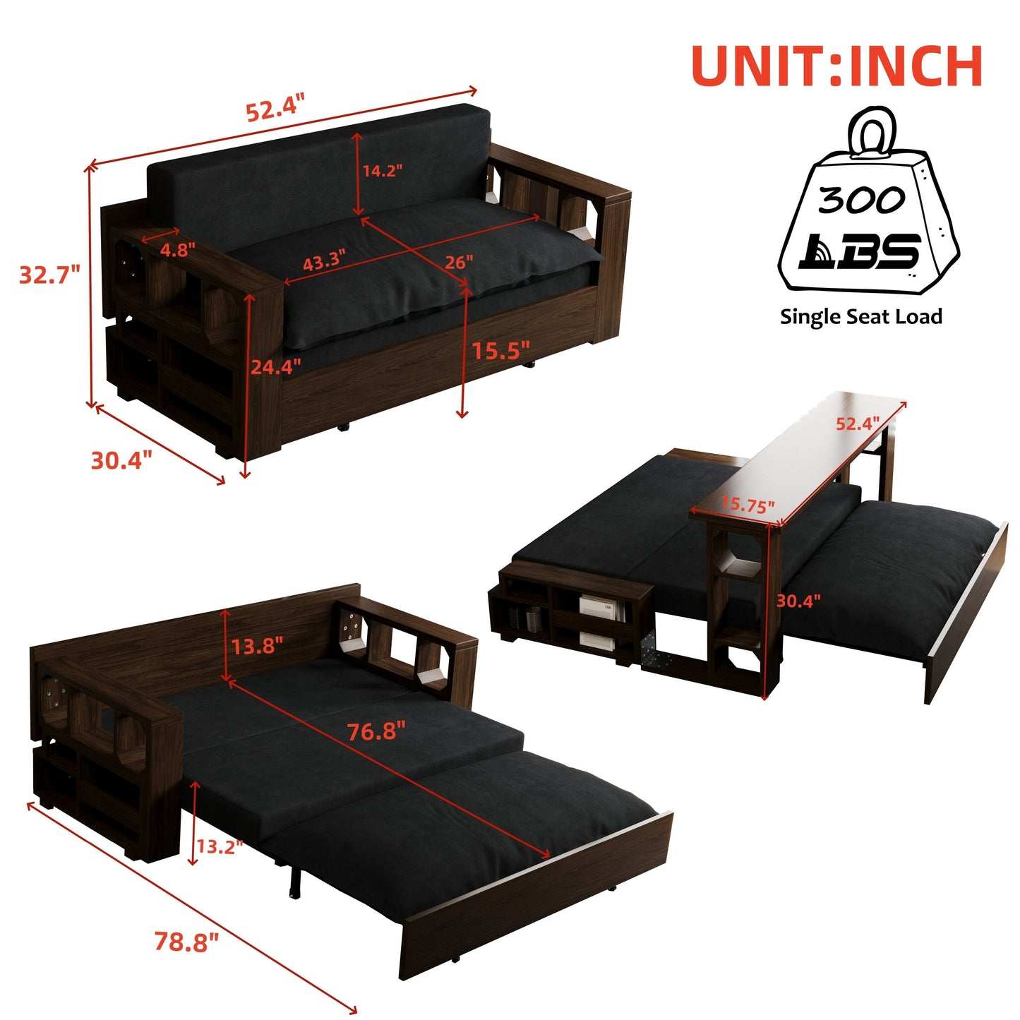 Divano letto trasformabile 3 in 1 nero da 52,4 pollici con sistema idraulico, contenitore e 2 cuscini morbidi per soggiorno