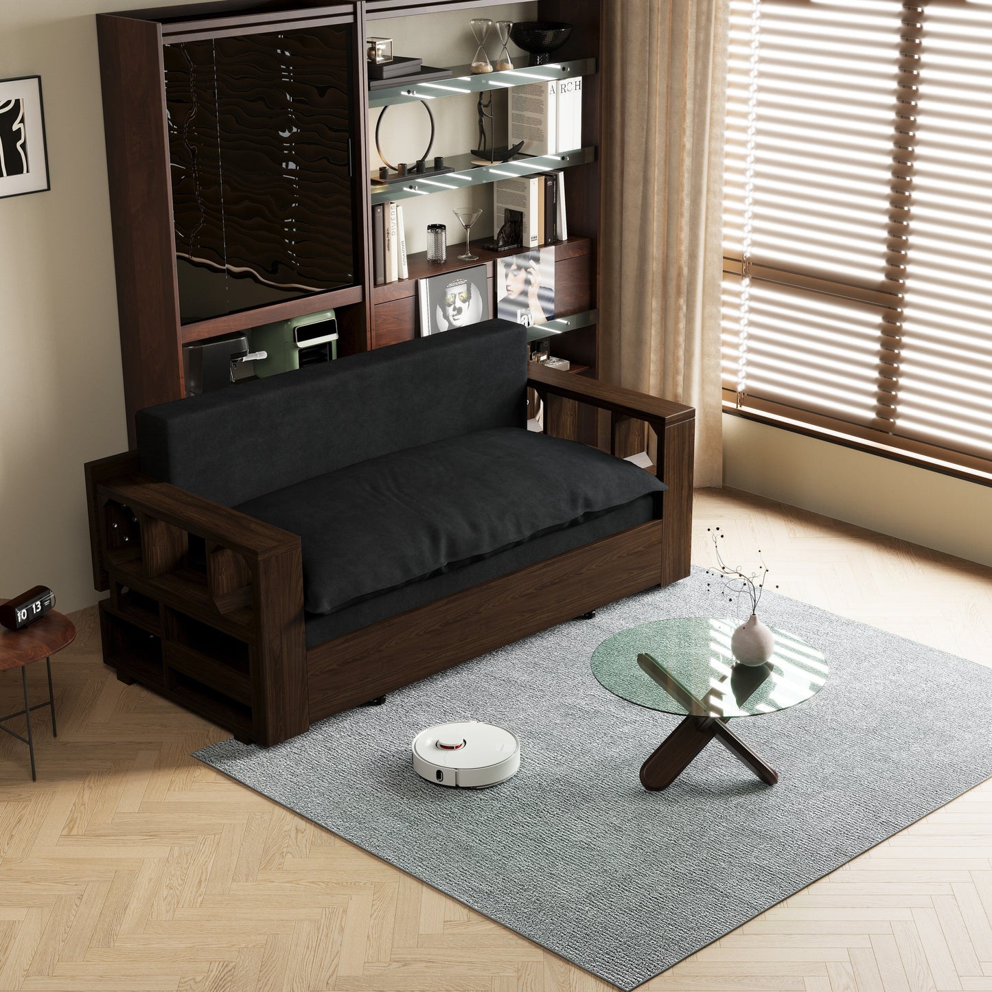 Divano letto trasformabile 3 in 1 nero da 52,4 pollici con sistema idraulico, contenitore e 2 cuscini morbidi per soggiorno