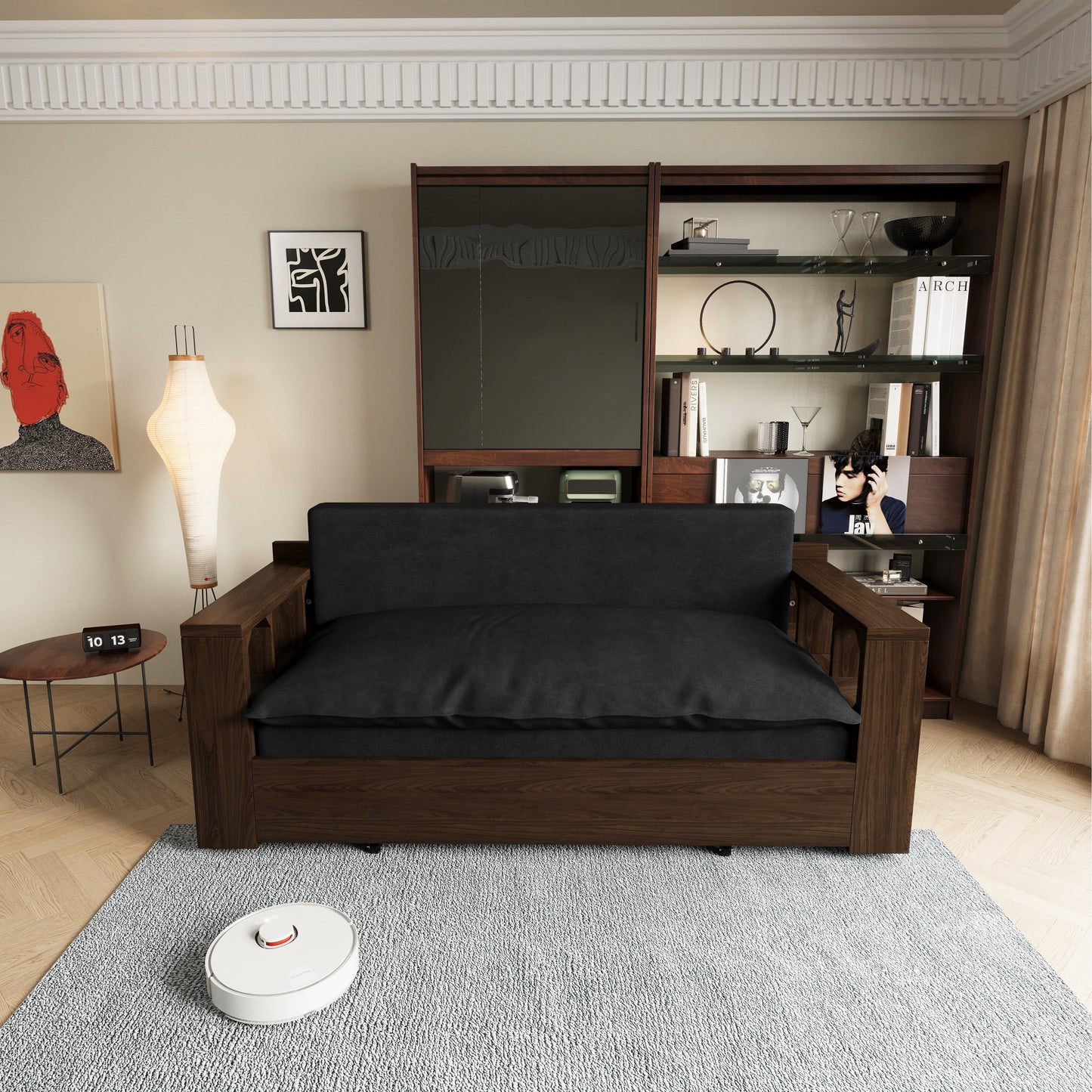 Divano letto trasformabile 3 in 1 nero da 52,4 pollici con sistema idraulico, contenitore e 2 cuscini morbidi per soggiorno