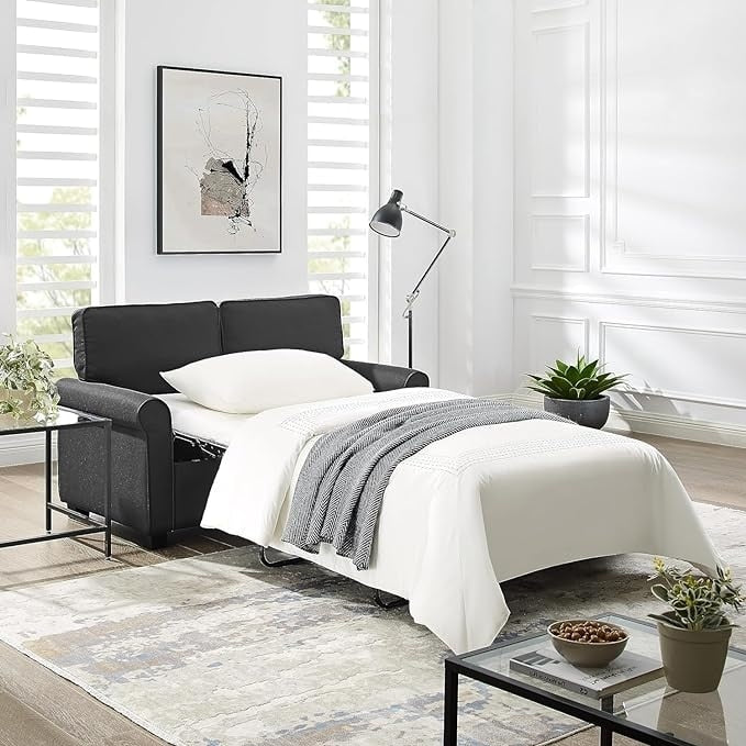 Divano a due posti in lino nero da 57,1 pollici con braccioli arrotolati, materasso in memory foam e gambe in plastica per soggiorno