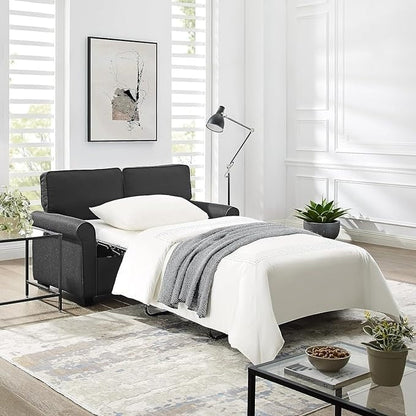 Divano a due posti in lino nero da 57,1 pollici con braccioli arrotolati, materasso in memory foam e gambe in plastica per soggiorno