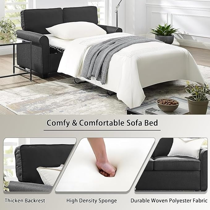 Divano a due posti in lino nero da 57,1 pollici con braccioli arrotolati, materasso in memory foam e gambe in plastica per soggiorno