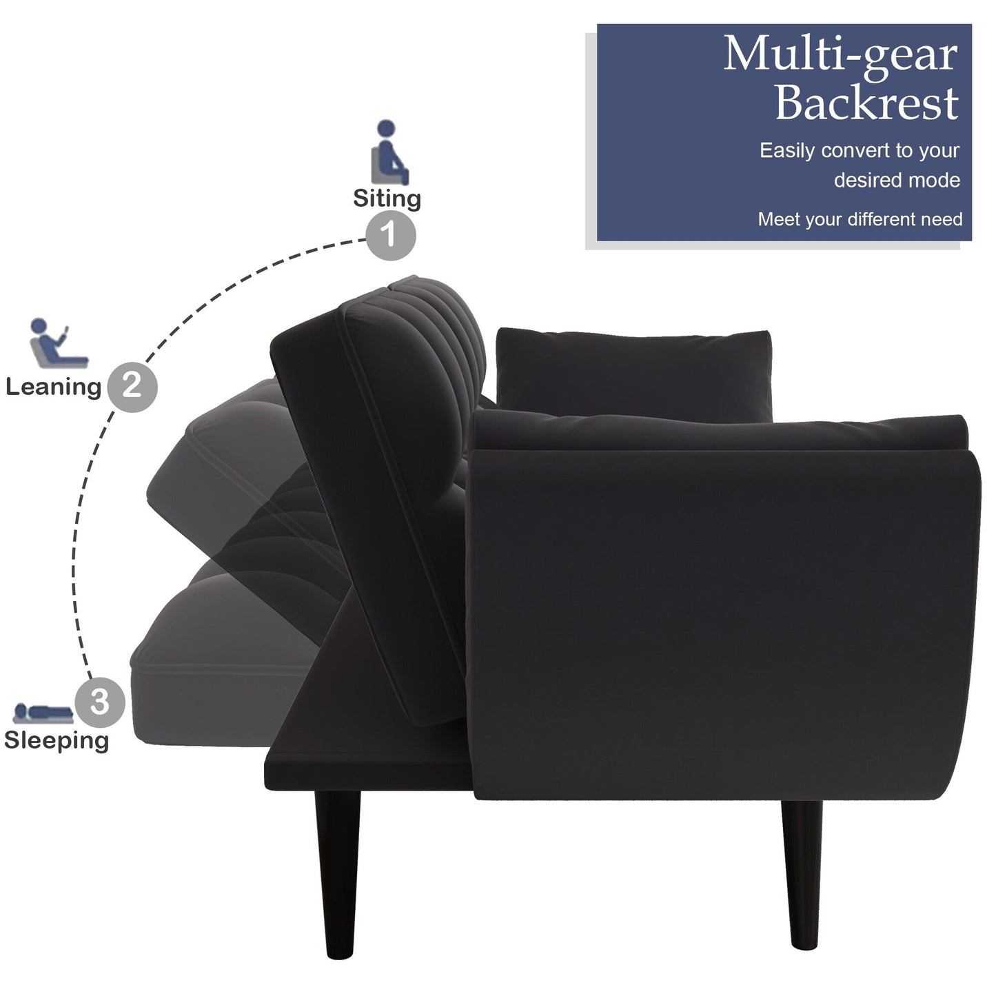 Divano trasformabile a 2 posti in velluto nero 57 con schienale e braccioli regolabili per spazi abitativi compatti