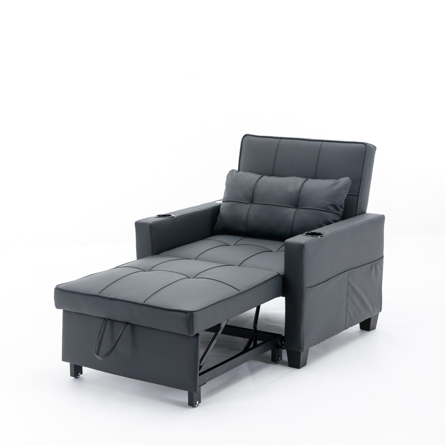 Divano letto singolo convertibile 3 in 1 in similpelle nera 68.12 con porte USB e resistente all'usura per il soggiorno