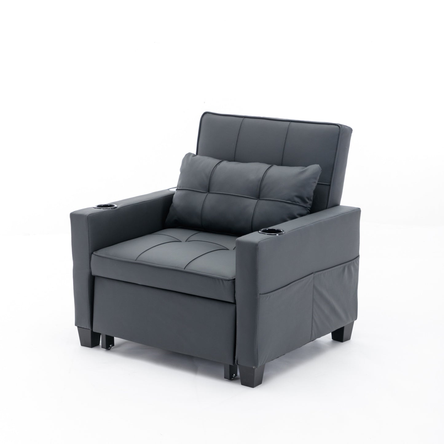 Divano letto singolo convertibile 3 in 1 in similpelle nera 68.12 con porte USB e resistente all'usura per il soggiorno