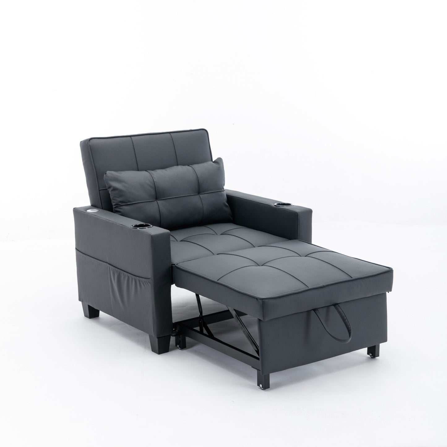 Divano letto singolo convertibile 3 in 1 in similpelle nera 68.12 con porte USB e resistente all'usura per il soggiorno