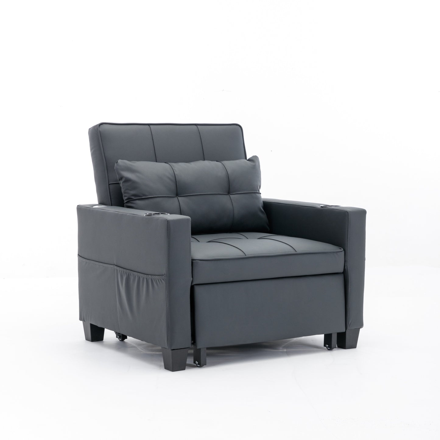 Divano letto singolo convertibile 3 in 1 in similpelle nera 68.12 con porte USB e resistente all'usura per il soggiorno