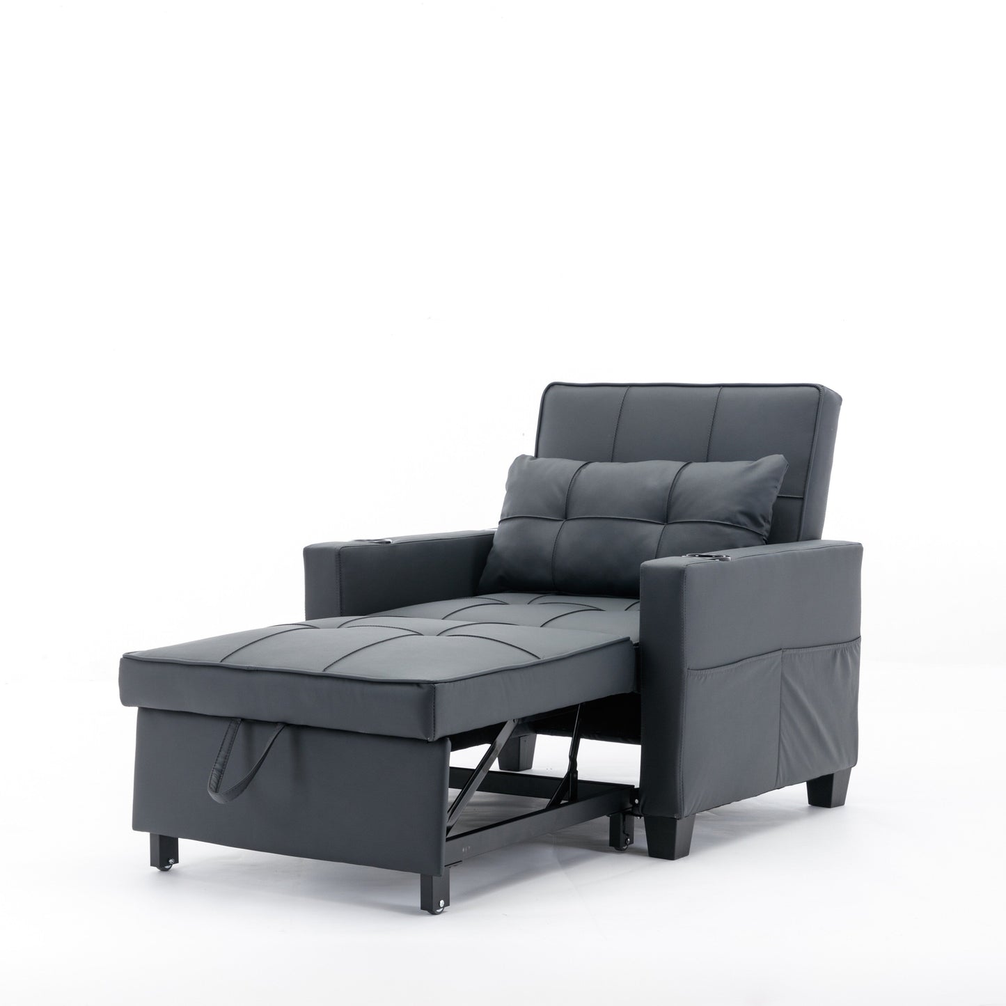 Divano letto singolo convertibile 3 in 1 in similpelle nera 68.12 con porte USB e resistente all'usura per il soggiorno
