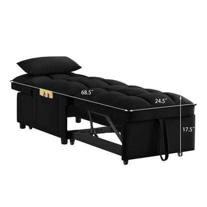 Divano letto singolo pieghevole in velluto nero 68,5 con schienale regolabile e cuscini per soggiorno