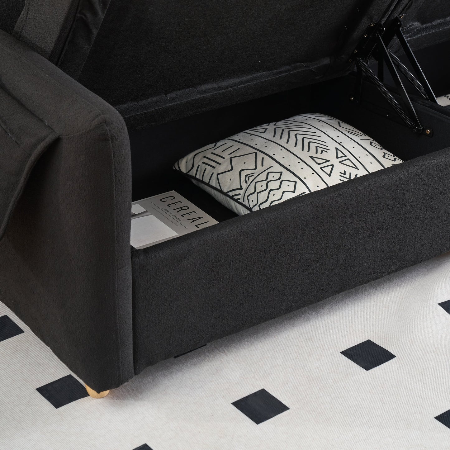 Divano contenitore a 3 posti imbottito in tessuto Teddy nero da 79,50 pollici con seduta nascosta per soggiorno