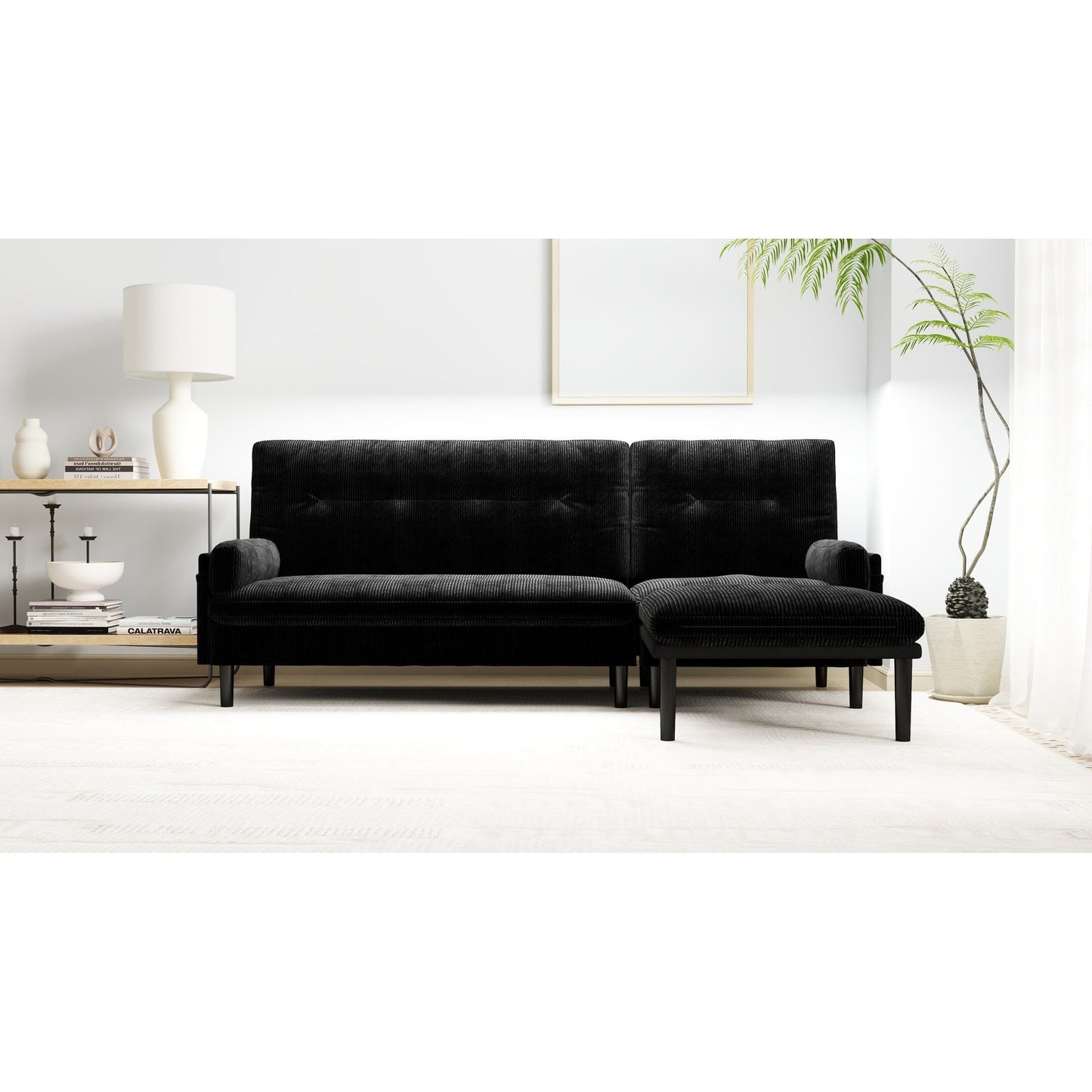 Divano a 3 posti in velluto a coste regolabile multifunzionale nero 80.7, divano a L convertibile e letto per gli ospiti