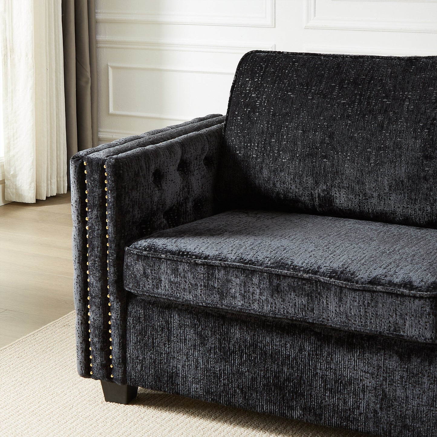 Divano letto a 3 posti in ciniglia nera 81 con borchie e materasso in memory foam per soggiorno