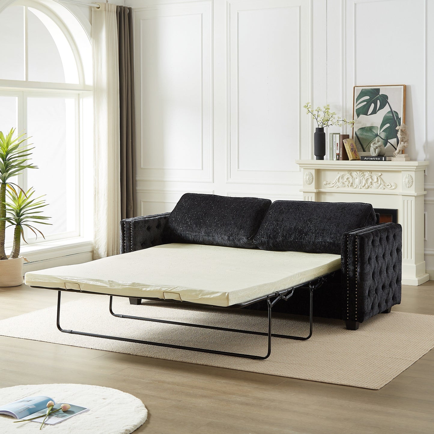 Divano letto a 3 posti in ciniglia nera 81 con borchie e materasso in memory foam per soggiorno