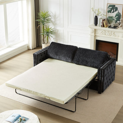 Divano letto a 3 posti in ciniglia nera 81 con borchie e materasso in memory foam per soggiorno