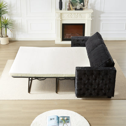 Divano letto a 3 posti in ciniglia nera 81 con borchie e materasso in memory foam per soggiorno