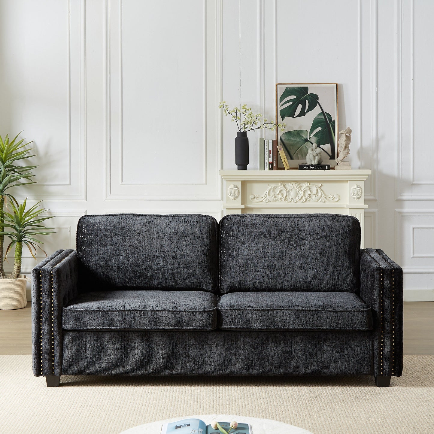 Divano letto a 3 posti in ciniglia nera 81 con borchie e materasso in memory foam per soggiorno