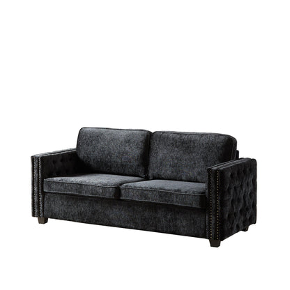 Divano letto a 3 posti in ciniglia nera 81 con borchie e materasso in memory foam per soggiorno