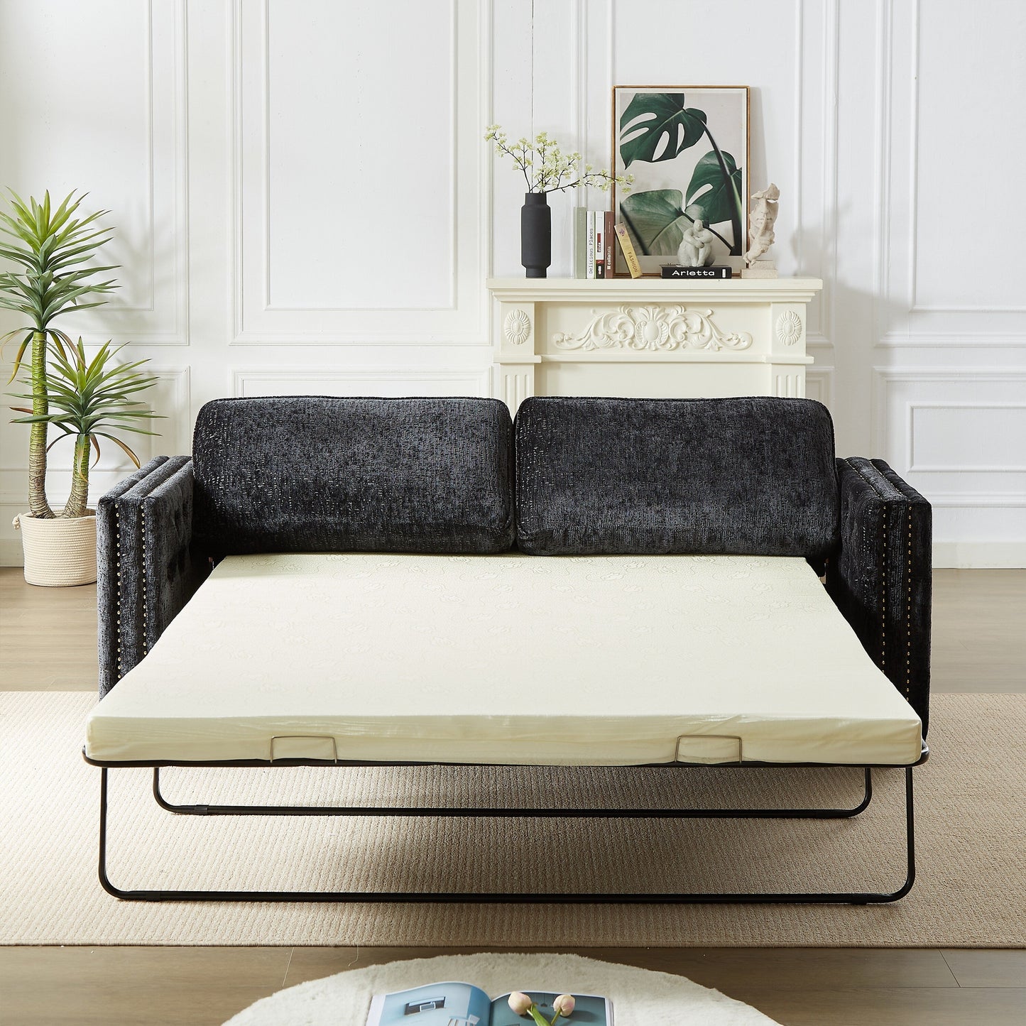 Divano letto a 3 posti in ciniglia nera 81 con borchie e materasso in memory foam per soggiorno