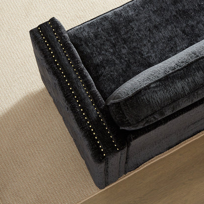 Divano letto a 3 posti in ciniglia nera 81 con borchie e materasso in memory foam per soggiorno