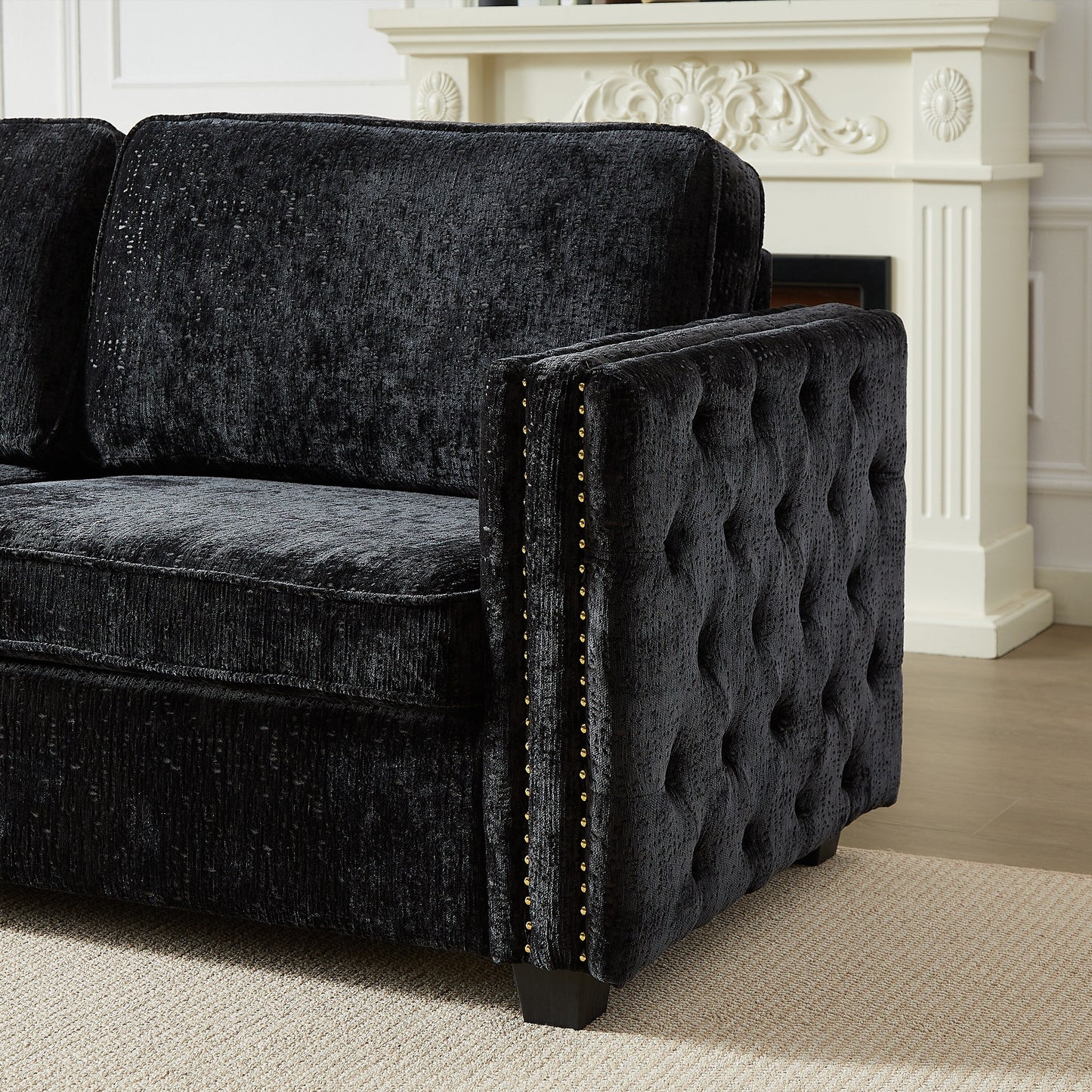 Divano letto a 3 posti in ciniglia nera 81 con borchie e materasso in memory foam per soggiorno