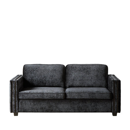 Divano letto a 3 posti in ciniglia nera 81 con borchie e materasso in memory foam per soggiorno