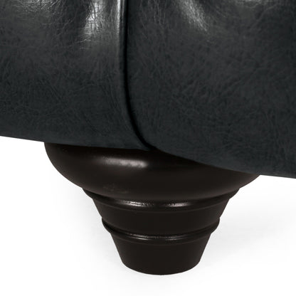 Divano a 3 posti in pelle PU nera 83,5 con schienale trapuntato a bottoni, braccioli larghi e gambe in legno vintage