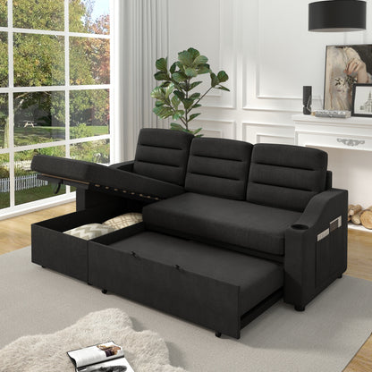 Divano letto trasformabile in poliestere nero da 83,5'' con letto estraibile e portabicchieri