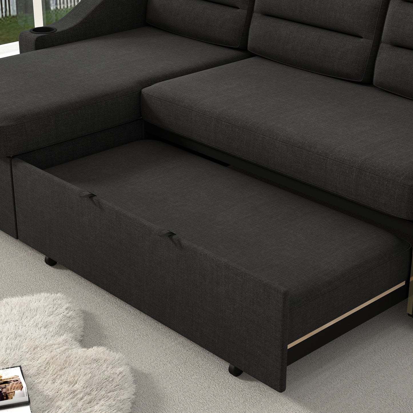 Divano letto trasformabile in poliestere nero da 83,5'' con letto estraibile e portabicchieri