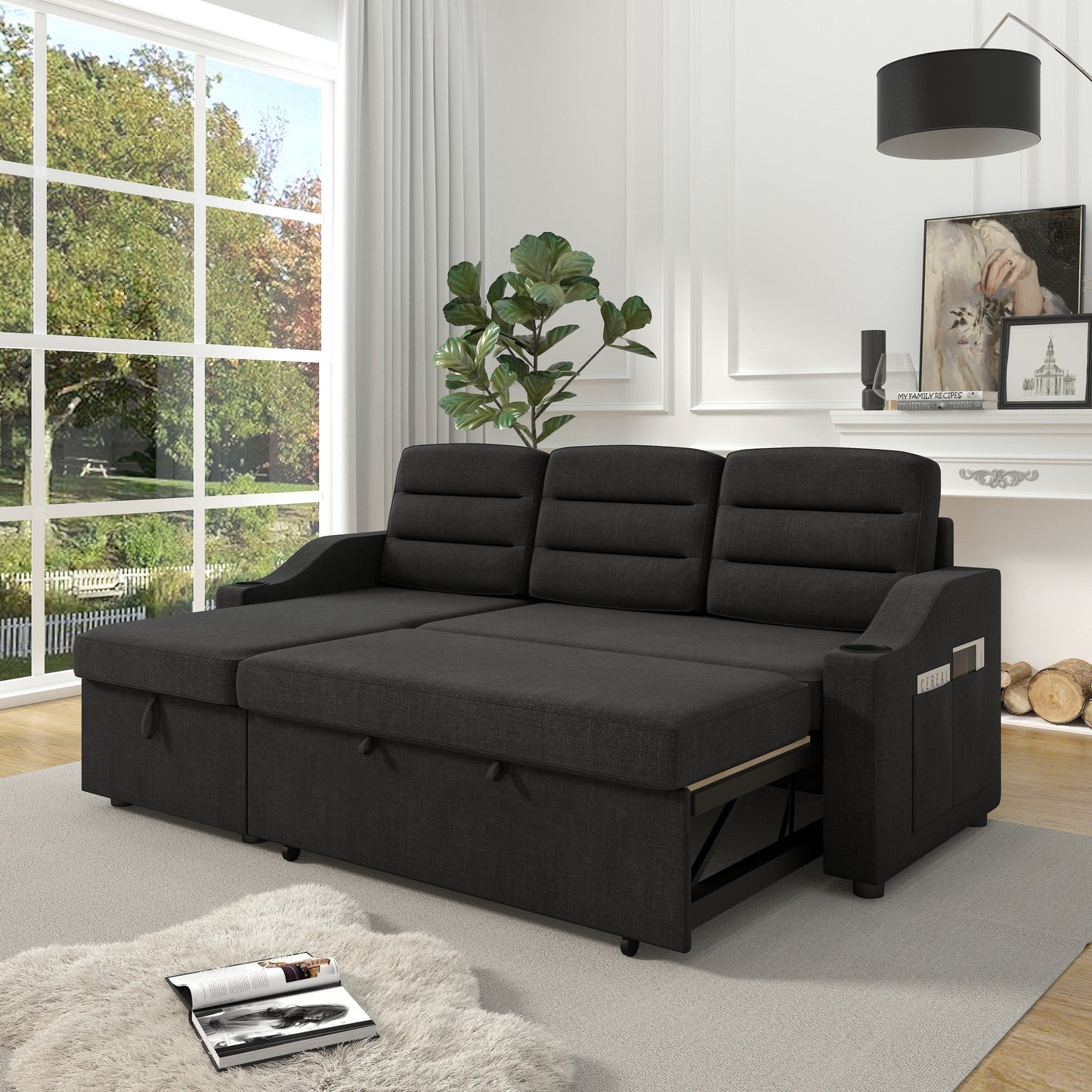 Divano letto in poliestere nero da 83,5'', 3 posti con letto estraibile, poltrona reclinabile con contenitore, portabicchieri e tasche laterali