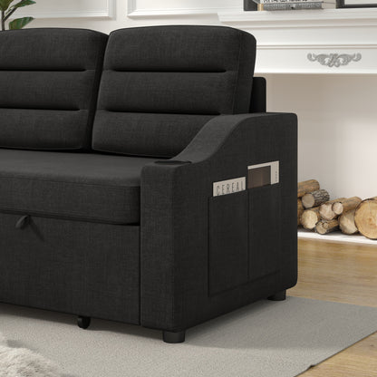 Divano letto in poliestere nero da 83,5'', 3 posti con letto estraibile, poltrona reclinabile con contenitore, portabicchieri e tasche laterali