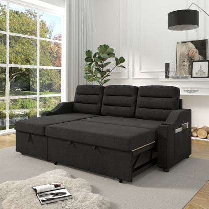 Divano letto nero in poliestere da 83,5'', 3 posti con poltrona reclinabile contenitore, letto estraibile, portabicchieri e tasche laterali portaoggetti