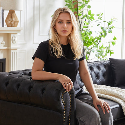 Divano Chesterfield a 3 posti con braccioli arrotolati in tessuto tecnico nero 85,5 e 2 cuscini per soggiorno