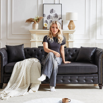 Divano Chesterfield a 3 posti con braccioli arrotolati in tessuto tecnico nero 85,5 e 2 cuscini per soggiorno