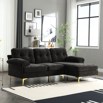 Divano a L in tessuto nero 85 con struttura in legno, chaise longue e cuscini rinforzati a molle