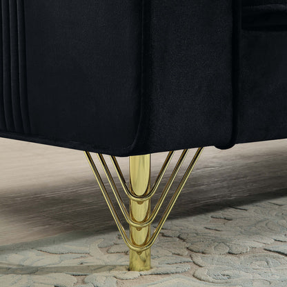 Divano a 3 posti in velluto nero 86.61 con cuscini e gambe in metallo con finitura dorata per soggiorno