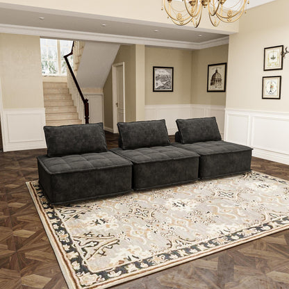 Set di divani modulari in ciniglia nera da 3 pezzi