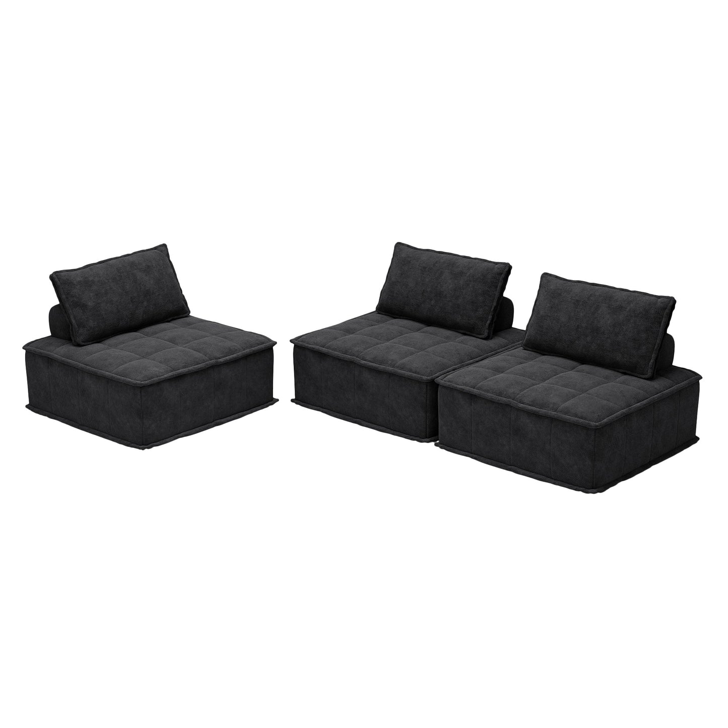 Set di divani modulari in ciniglia nera da 3 pezzi
