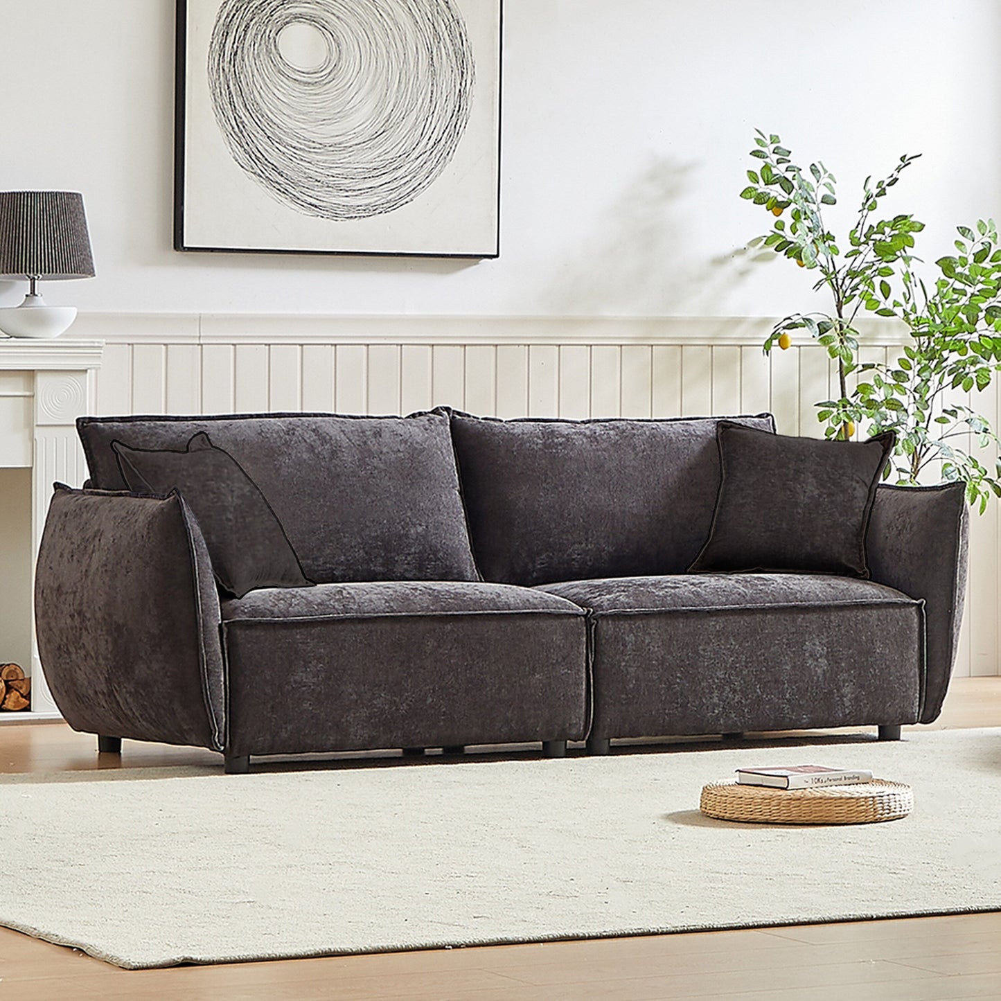 Divano a 3 posti in ciniglia nera con cuscini extra