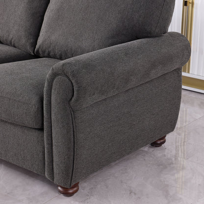 Divano a 3 posti in ciniglia nera con braccioli arrotolati