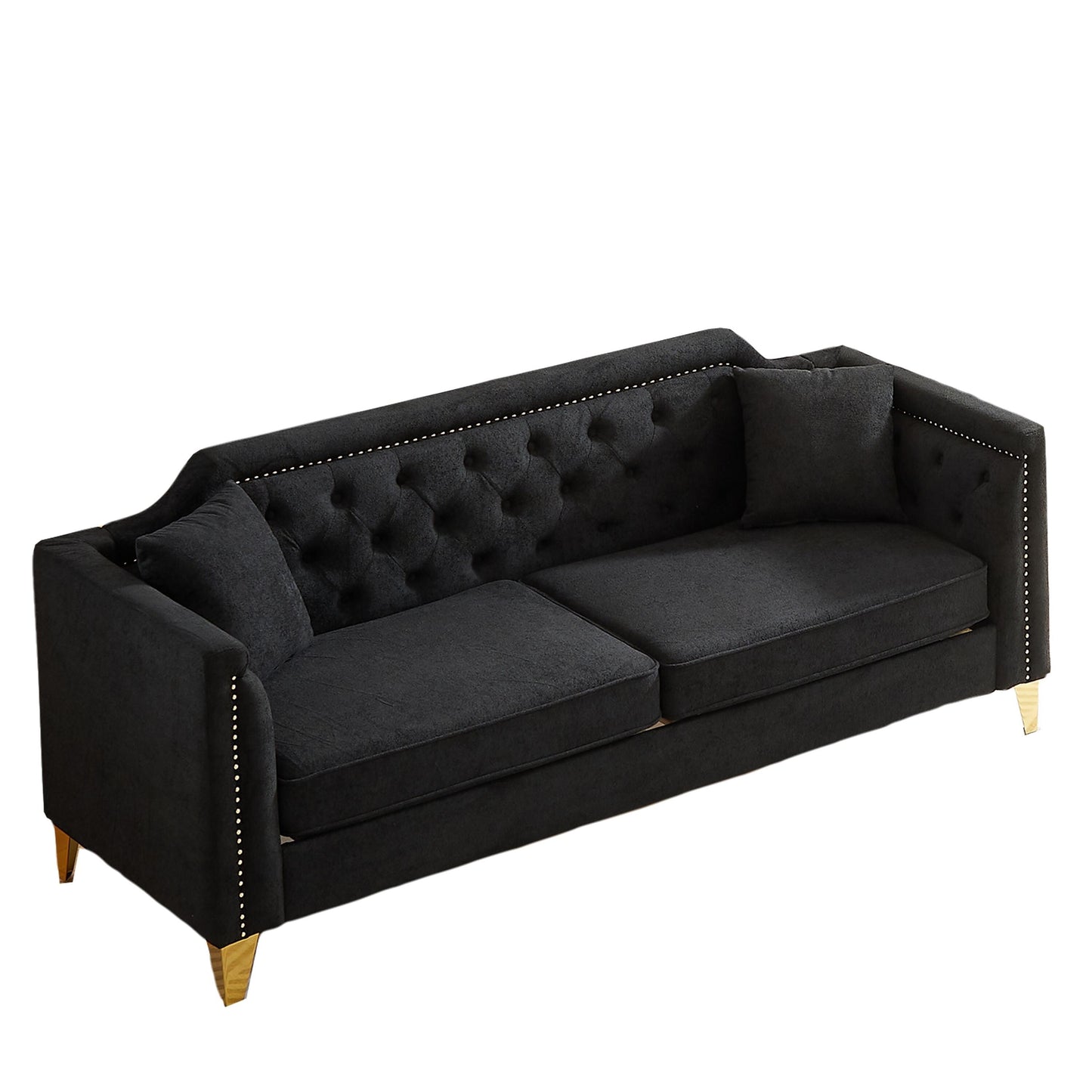 Divano a 3 posti in ciniglia nera con decorazione a chiodi in rame