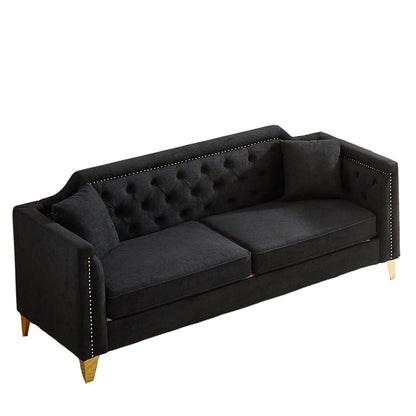 Divano a 3 posti in ciniglia nera con decorazione a chiodi in rame