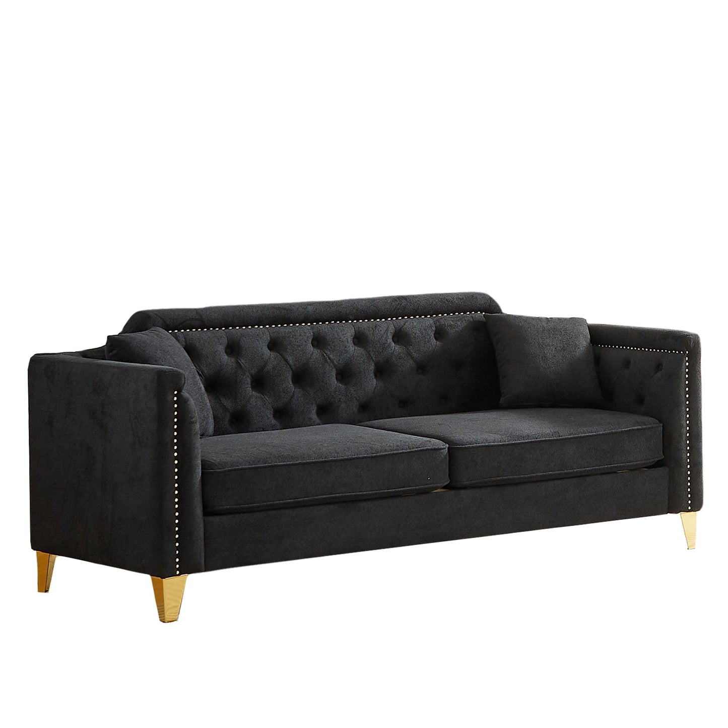 Divano a 3 posti in ciniglia nera con decorazione a chiodi in rame