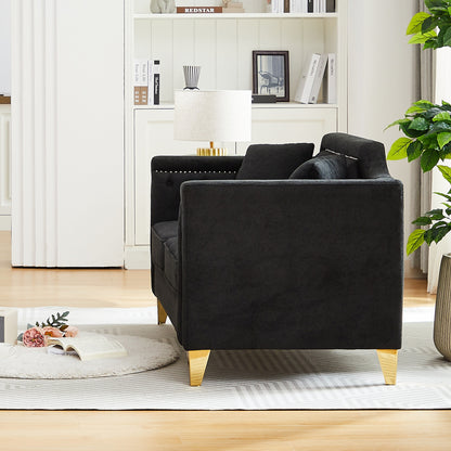 Divano a 3 posti in ciniglia nera con decorazione a chiodi in rame