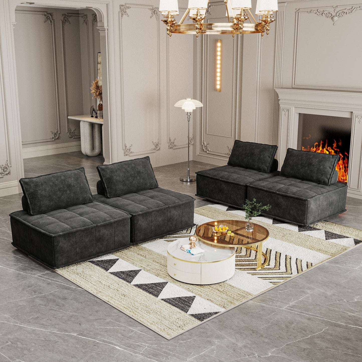 Set di divani modulari in ciniglia nera da 4 pezzi