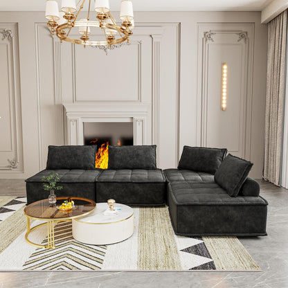 Set di divani modulari in ciniglia nera da 4 pezzi