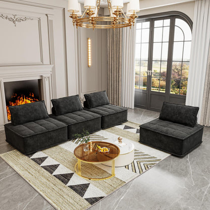 Set di divani modulari in ciniglia nera da 4 pezzi