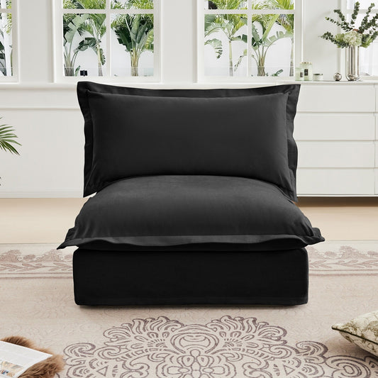 Divano senza braccioli in ciniglia nera, 1 posto, moderno, fodera rimovibile, struttura in legno robusto, altezza 34,64 pollici