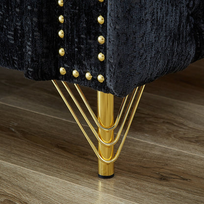 Divano a 3 posti imbottito in ciniglia nera con gambe in metallo