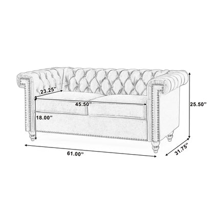 Divano a due posti imbottito e trapuntato Chesterfield nero con 61 bottoni, borchie e gambe in legno per soggiorno